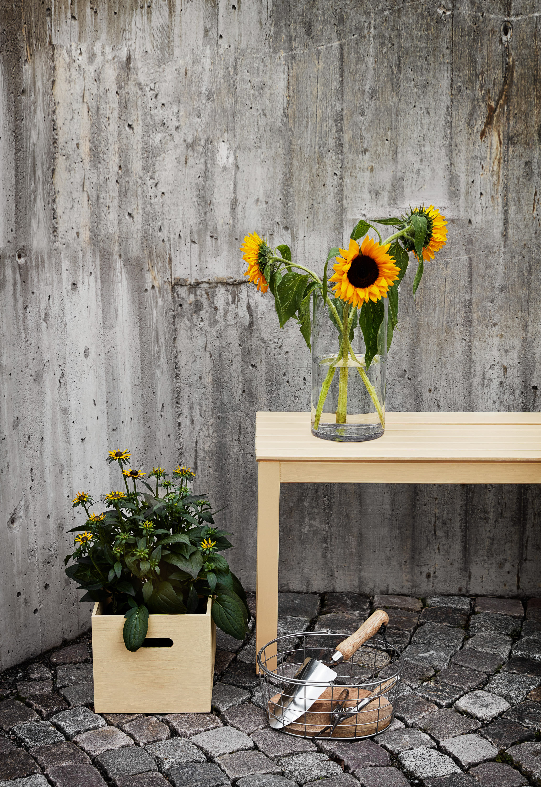 gulbeige benk mot en betongvegg utendørs