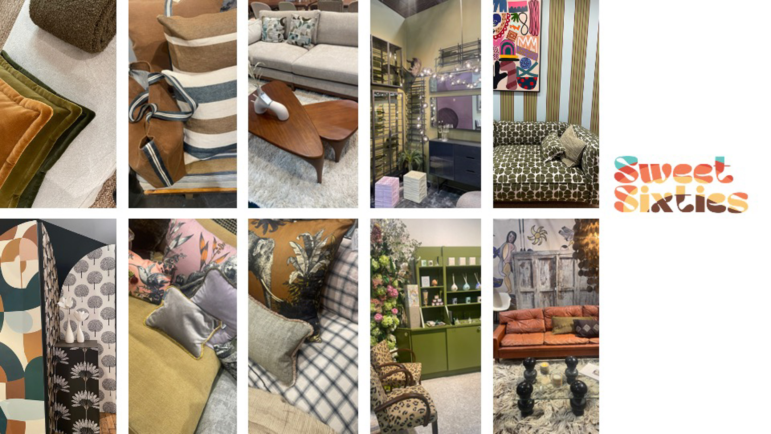 bildekollasje med retroinspirerte interiørbilder 