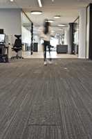 STRIPER: Teppegulv med langsgående striper og to ulike luvhøyder er lagt i det åpne kontormiljøet.