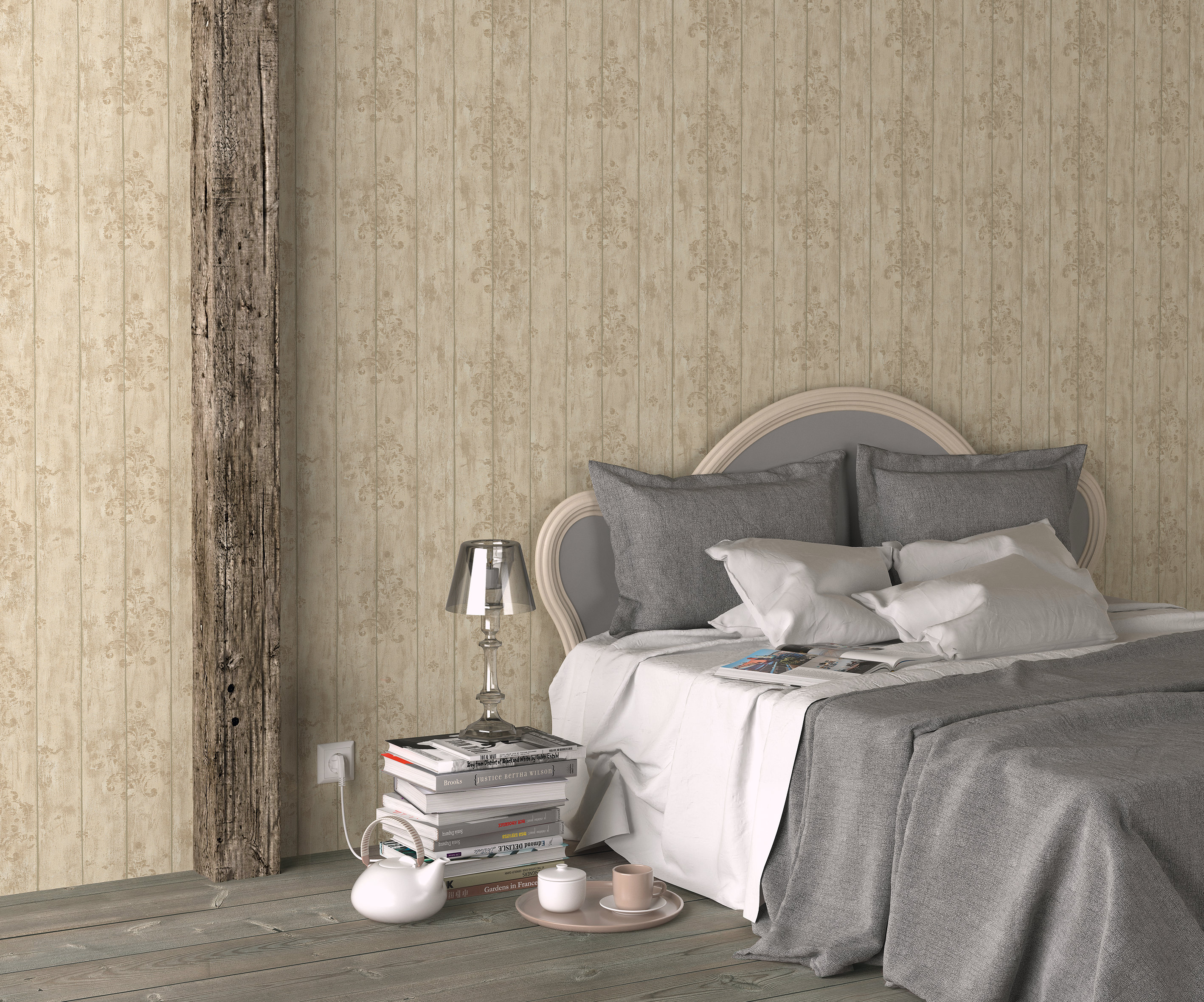 Stadig nye versjoner av mer eller mindre røffe trevegger kommer i tapetform. 