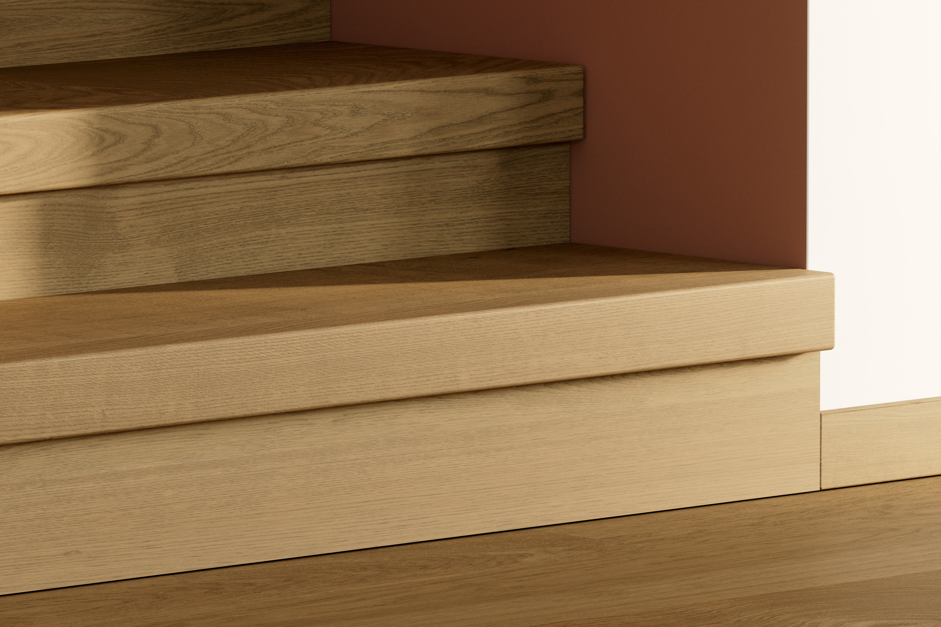 trapp med parkett i trinnene, trappenser i samme farge