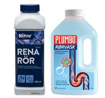 PREVENTIVT: Både Rene Rør fra Nitor og Plumbo Rørvask er effektive midler for jevnlig rengjøring av rørene. (Foto: f.v. Alfort og Krefting)