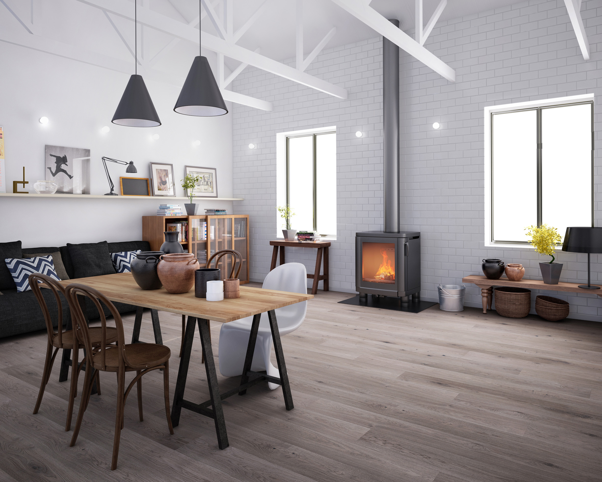 GULVET RULER: Det er ingen regel som at alle rom må være like. Kanskje holder med et lunt gulv og noen innslag av gyllent metall og keramikk for å få varmen inn på kjøkkenet? Her er det lagt Arena Slottsplank. (Foto: Alfort)