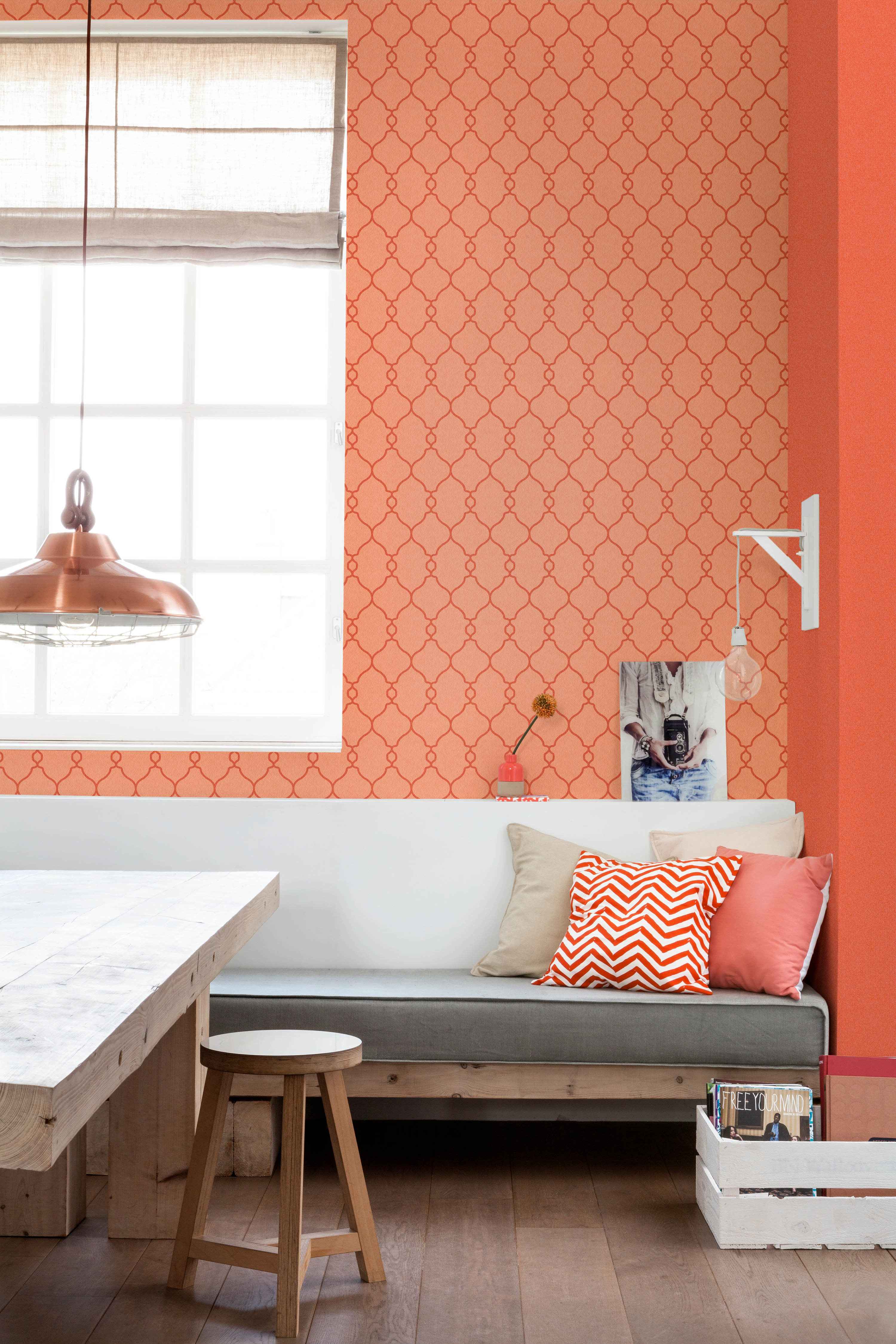 Tapetleverandøren Borge har også flere oransje alternativer - her et eksempel fra kolleksjonen Art of living.