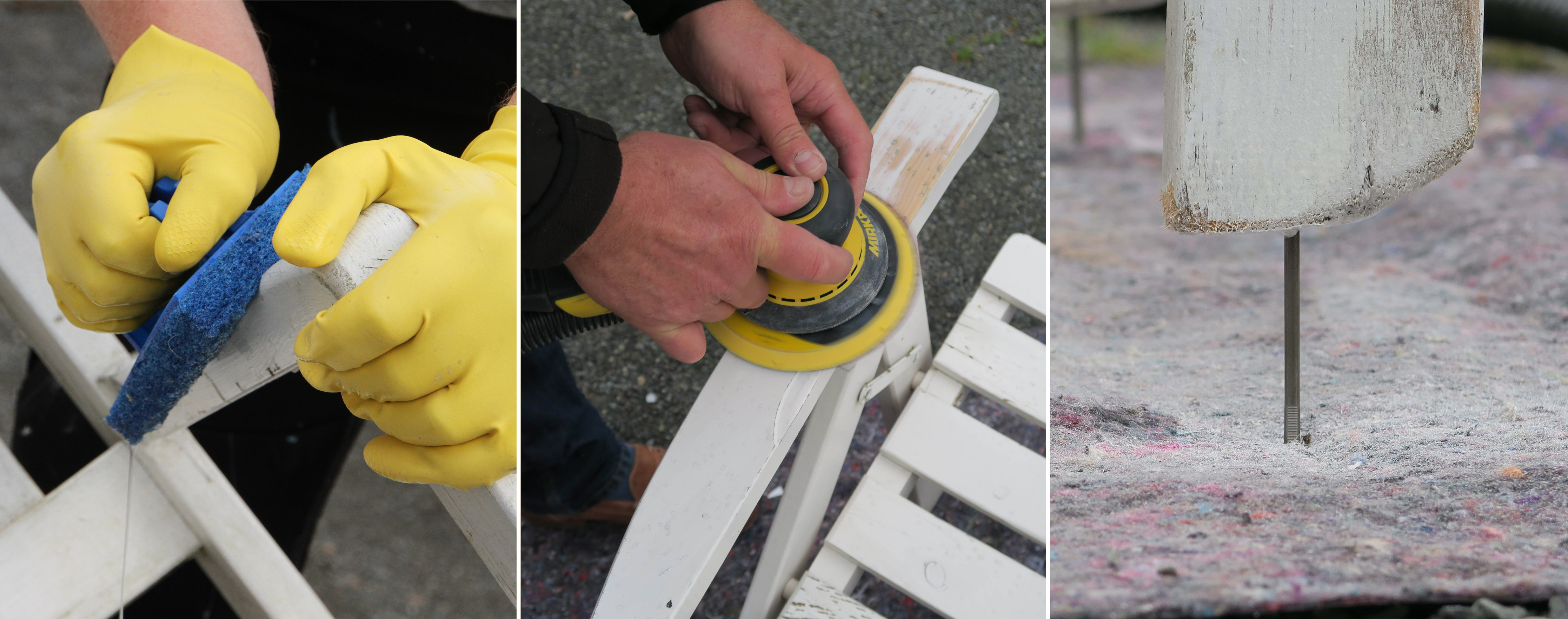 STEG 1, 2 OG 3: Vask stolen fri for fett og smuss og slip bort l&oslash;s og gammel maling. S&aring; sl&aring;r du inn en spiker i hvert av bena, slik at stolen kommer opp. (Foto: Bj&oslash;rg Owren/ifi.no og Robert Walmann/ifi.no)