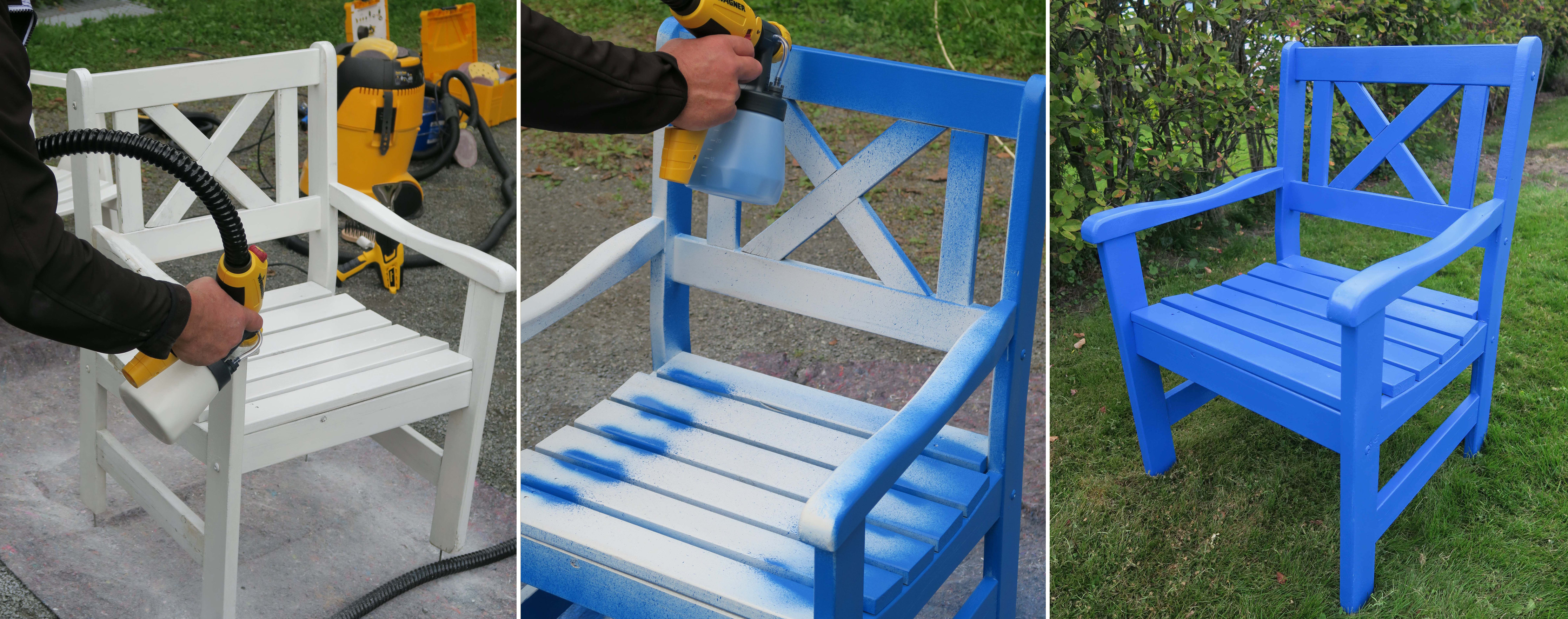 STEG 4, 5 OG 6: Spray grunningen p&aring; stolen og la t&oslash;rke. S&aring; sprayes toppstr&oslash;ket p&aring; og stolen er ferdig n&aring;r den er t&oslash;rr! Vi brukte en d&oslash;r- og vindusmaling fra Nordsj&ouml; i fargen &laquo;Dazzling Dijon&raquo;. (Foto: Robert Walmann/ifi.no)