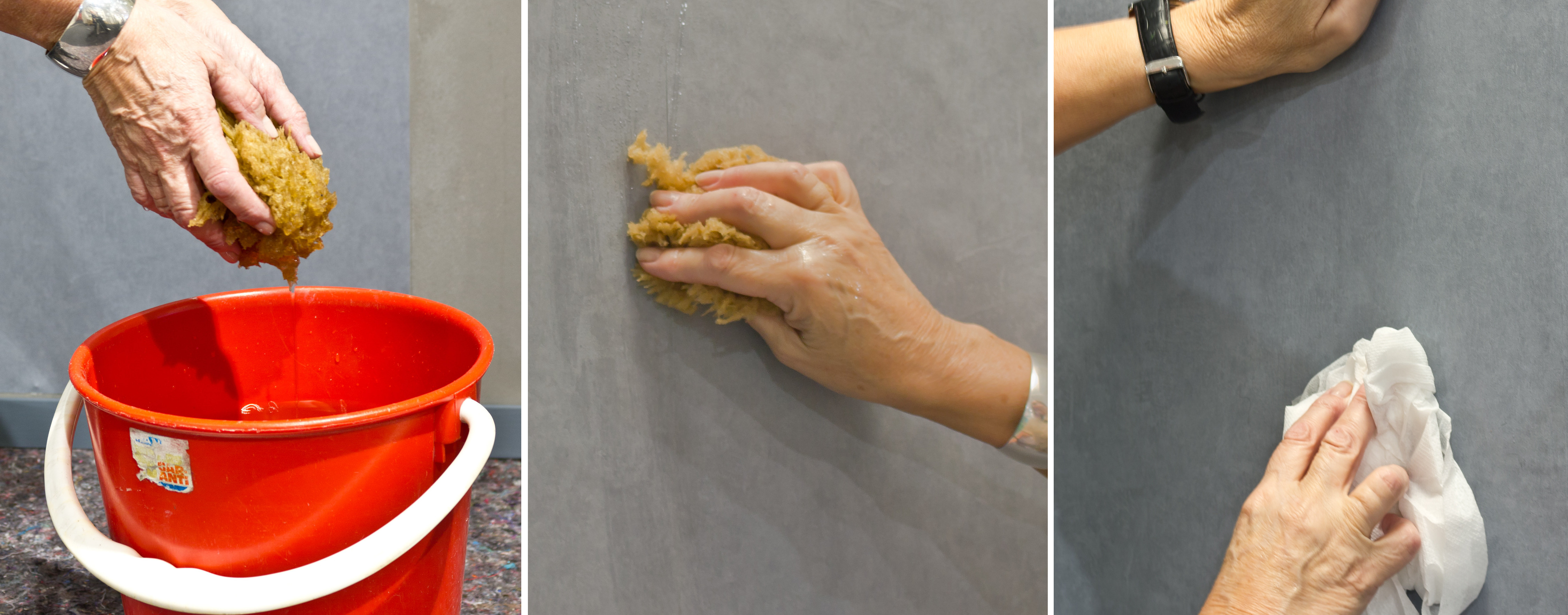 RENT: 1. Ha en bøtte med rent vann. 2. Limsølet fjernes best med en fuktet svamt. 3. Det ble litt mye vann her, men det er ingen krise på dette tapetet. Fornøyd med skjøten, forresten! (Foto: Mari Rosenberg/ifi.no og Chera Westman/ifi.no)