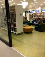 <b>DEMPET INSPIRASJON:</b> I bibliotekets bokavdeling er det rolig aktivitet, og her er det lagt et surgrønt gulv, i designen Vivace. Korridoren utenfor har gråmelert belegg, som i andre generelle arealer. 
