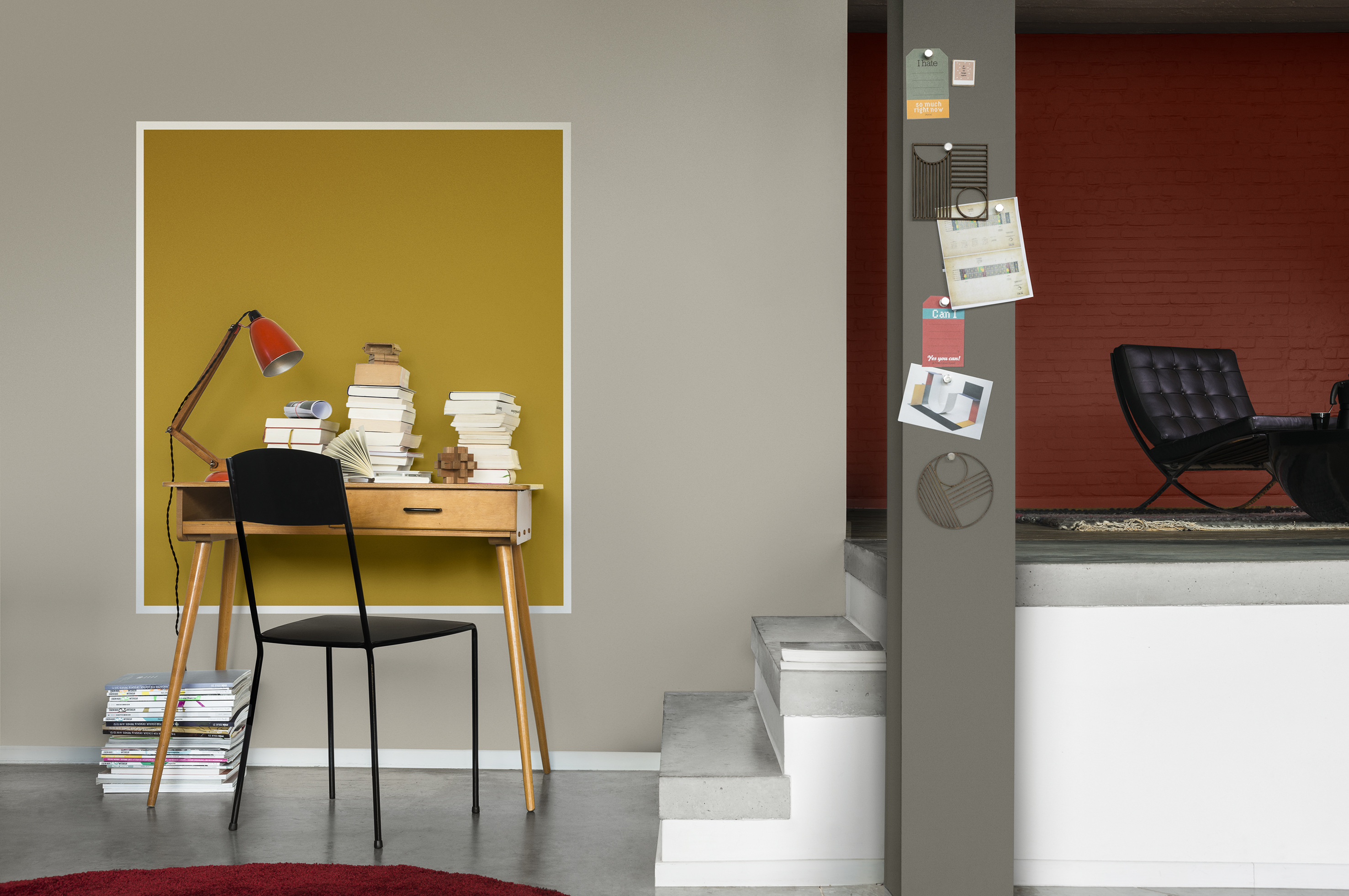 SONE: Lag en avgrenset sone med maling der du kan få arbeidsro og finne motivasjon. Gult kan virke oppløftende og gi energi, og for mange kan det virke som en god farge for en arbeidssone. (Foto: Nordsjö)