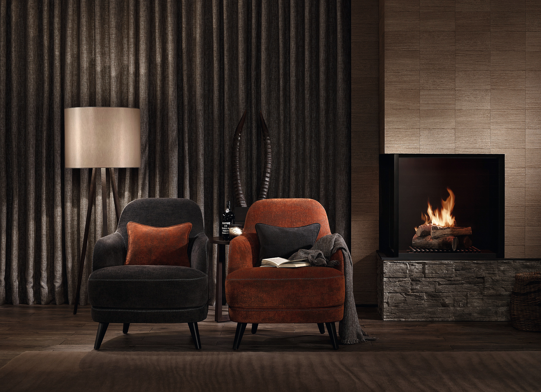 Rene myke linjer, dempede farger og tekstiler bidrar til en sofistikert og elegant atmosfære. Tekstiler fra INTAG.