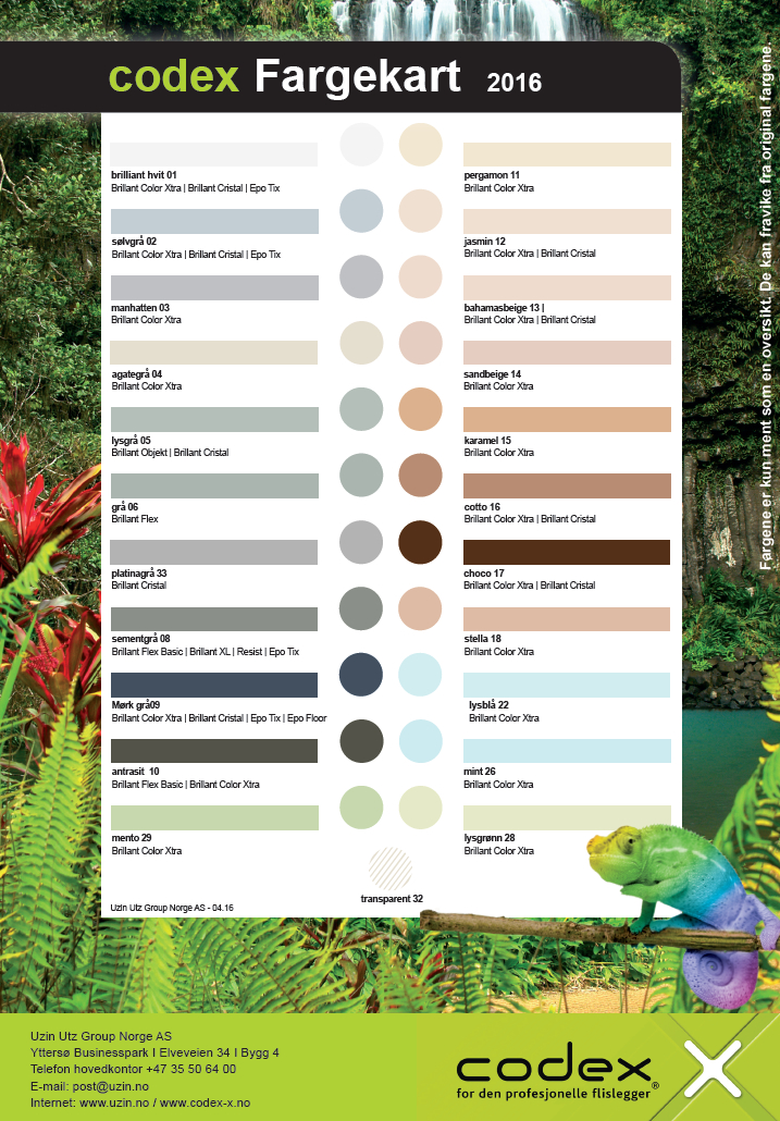 Fugemassen fra Codex er merket med ulike navn knyttet til hver farge.  Den fås kjøpt hos utvalgte interiørbutikker. – Tenk deg nøye om før du velger farge på fugene, råder Bredo Christensen hos Uzin Utz Group Norge AS.