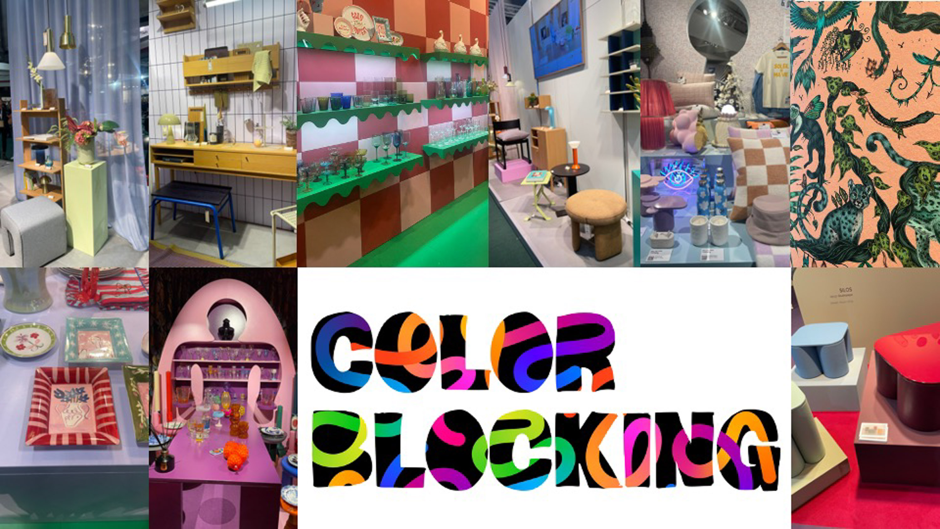 bildekollasje med 1980-tallsinspirerte miljøer, colour blocking