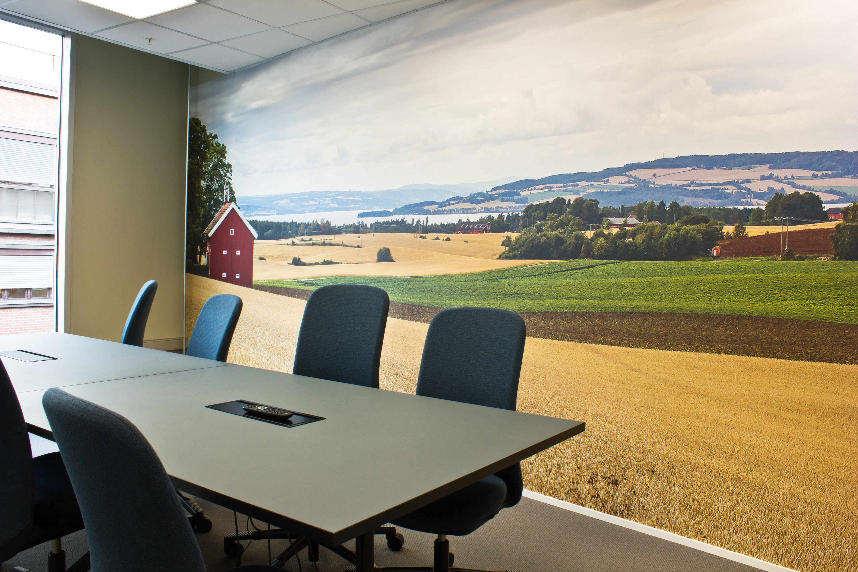 MJØSUTSIKT: I et av konferanserommet er et fototapet over landbruksarealer ved Mjøsas strand. 