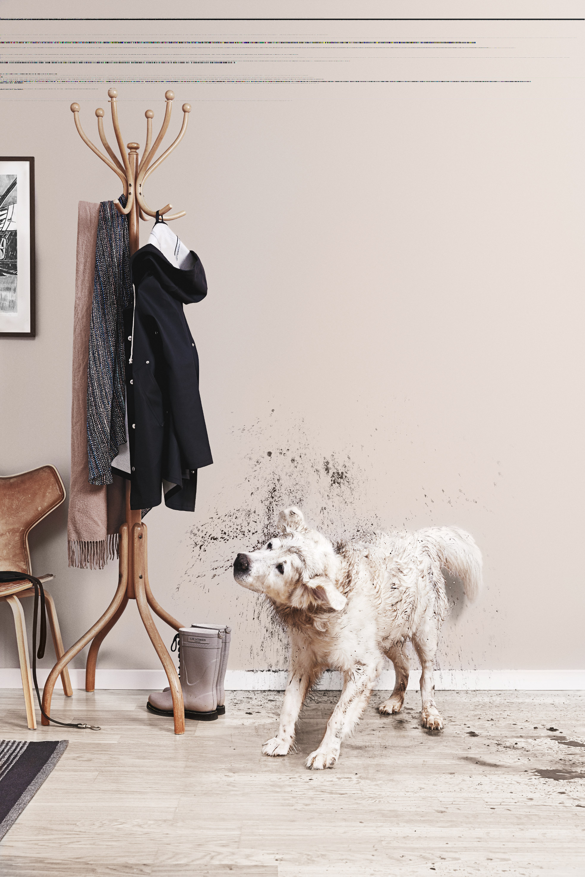 Interiøret må tåle å bli brukt. Boligen skal se ut og fungere som et hjem, for alle som bor der. Malingen Easy2Clean fra Norsdjö tåler at hunden også kan være seg selv – etter skogsturen.