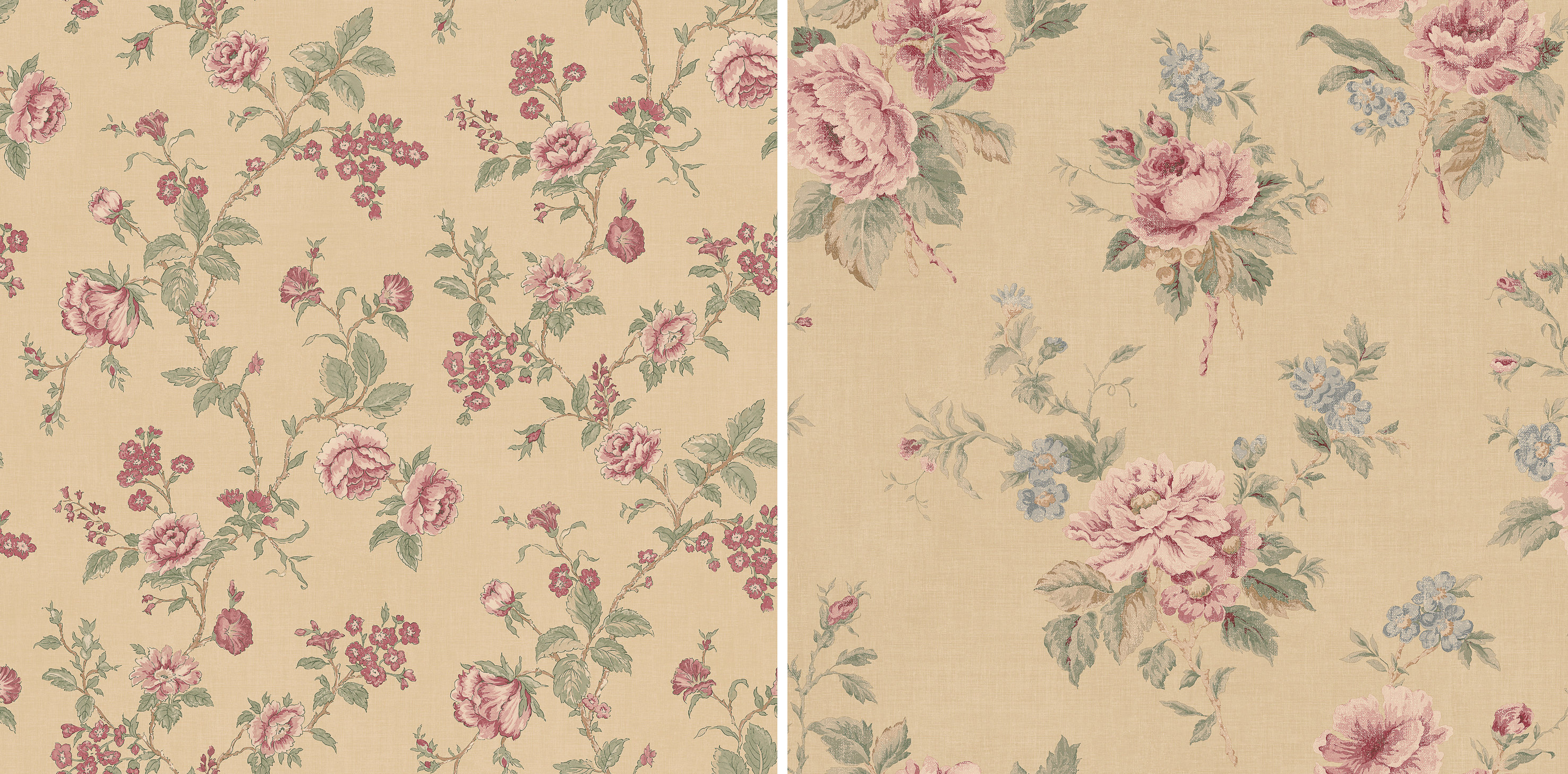 KLASSISK: For den som trives best med klassiske rosetapeter, har Fantasi Interiør en kolleksjon som vekker til live alle gode «bestemor»-følelsene. Tapetet finnes med små og store roser og kan kombineres med striper og ruter fra samme kolleksjon.