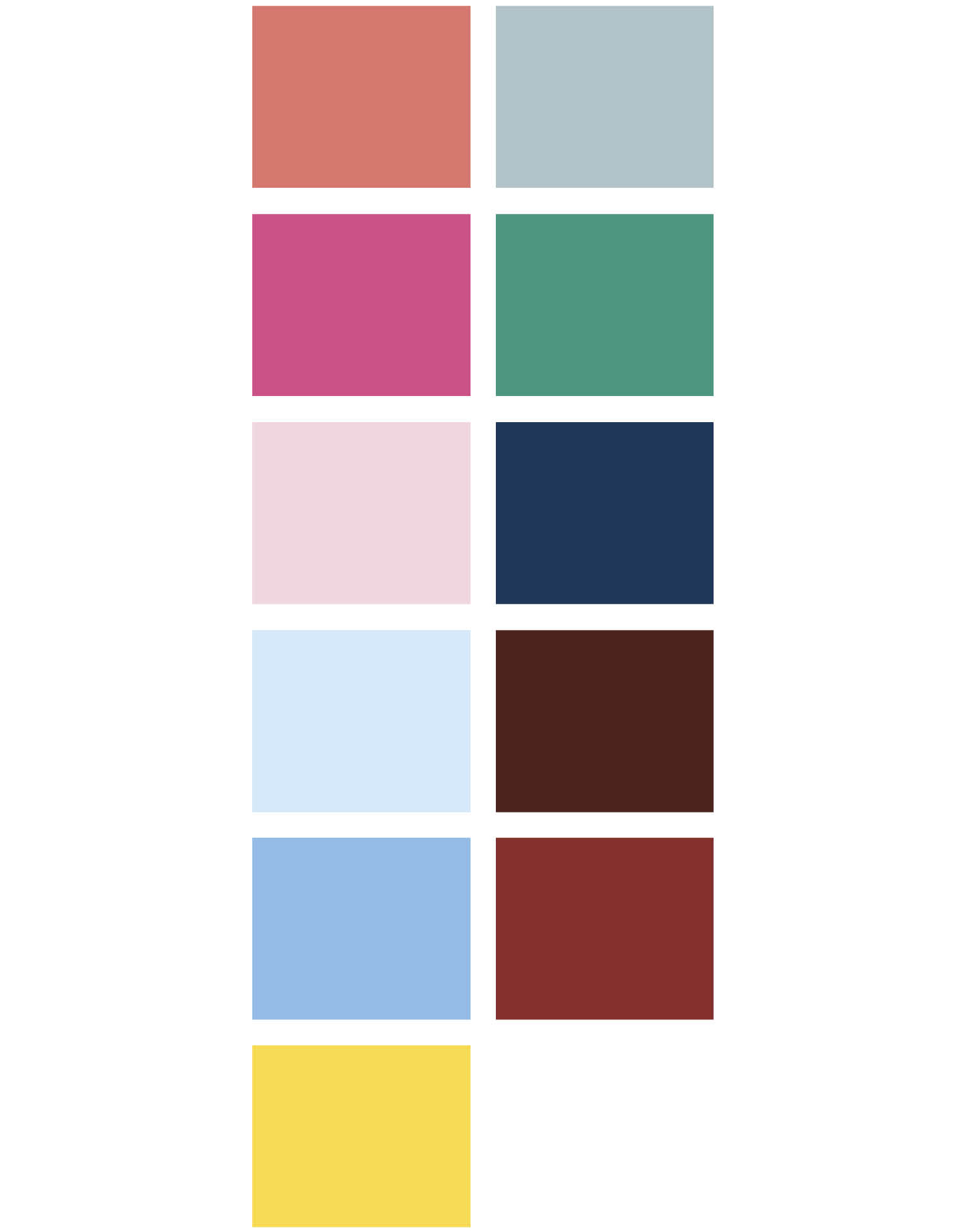 Fargepalett for Gladhipster. Aksentfarger til venstre og hovedfarger til høyre.