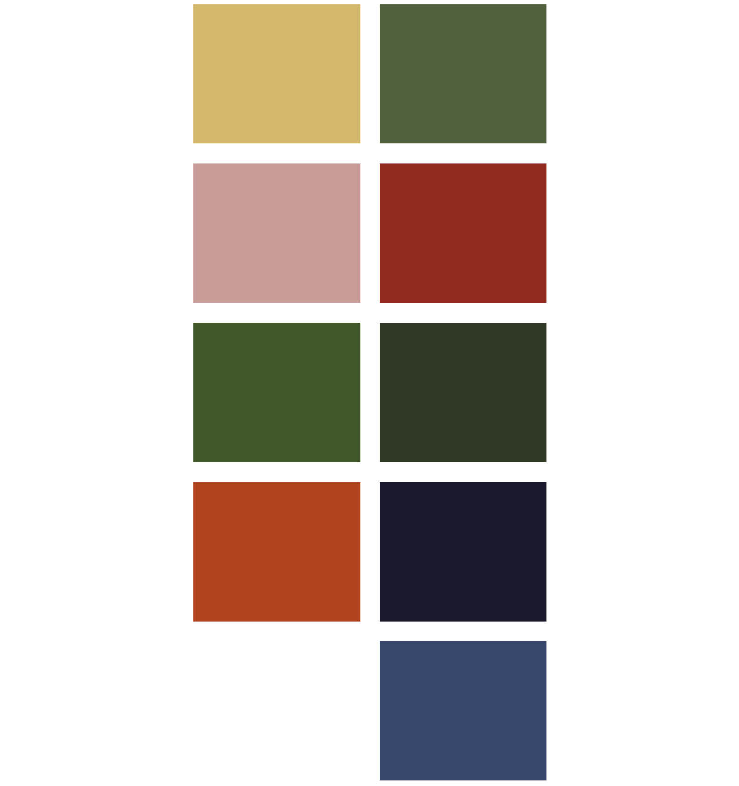 Fargepalett for Bohemglam. Aksentfarger til venstre og hovedfarger til høyre.