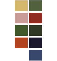 Fargepalett for Bohemglam. Aksentfarger til venstre og hovedfarger til høyre.