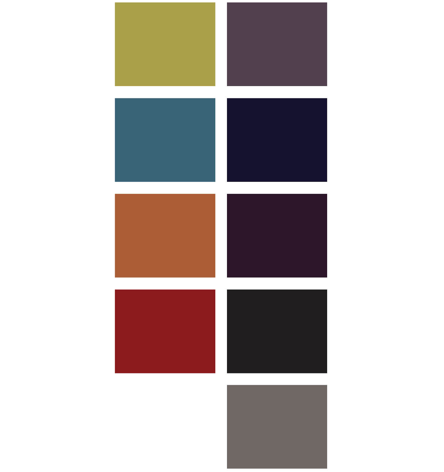 Fargepalett for Sofistikert Eleganse. Aksentfarger til venstre og hovedfarger til høyre.