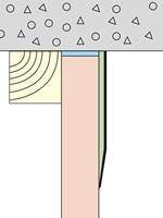 FLATSTRIMLING: Sprekker på mer enn 3 mm mellom en betongflate og en gipskonstruksjon fylles med herdende masse (BLÅ). Papirstrimmelen (SORT) legges i sparkelmasse (GRØNN) på gipsflaten (ROSA) og inn mot betongflaten (GRÅ). (GUL = Sten