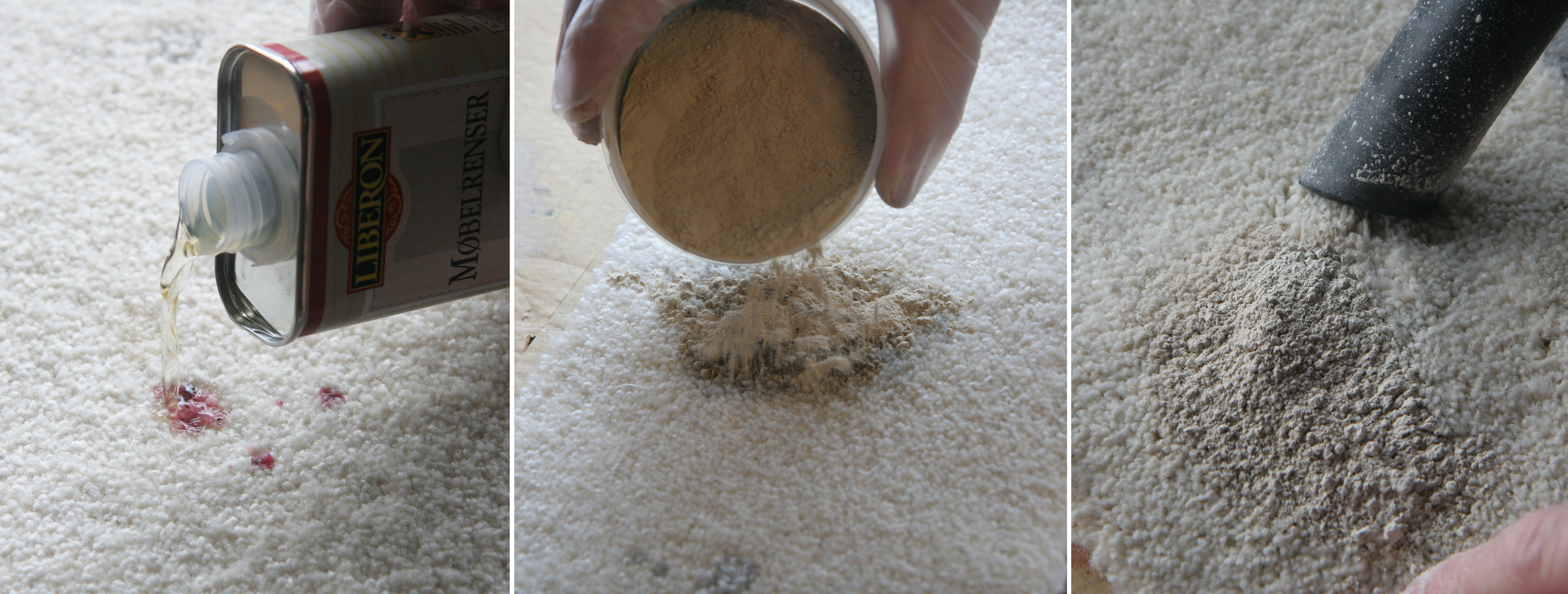 LØSER OPP: Liberon Møbelrens fra Alanor hjelper til med å løse opp flekker. Liberon Flekkfjerningspulver absorberer så rensemiddel og restene av flekken. Når det har tørket, er det bare å støvsuge pulveret bort. (Foto: Alanor)