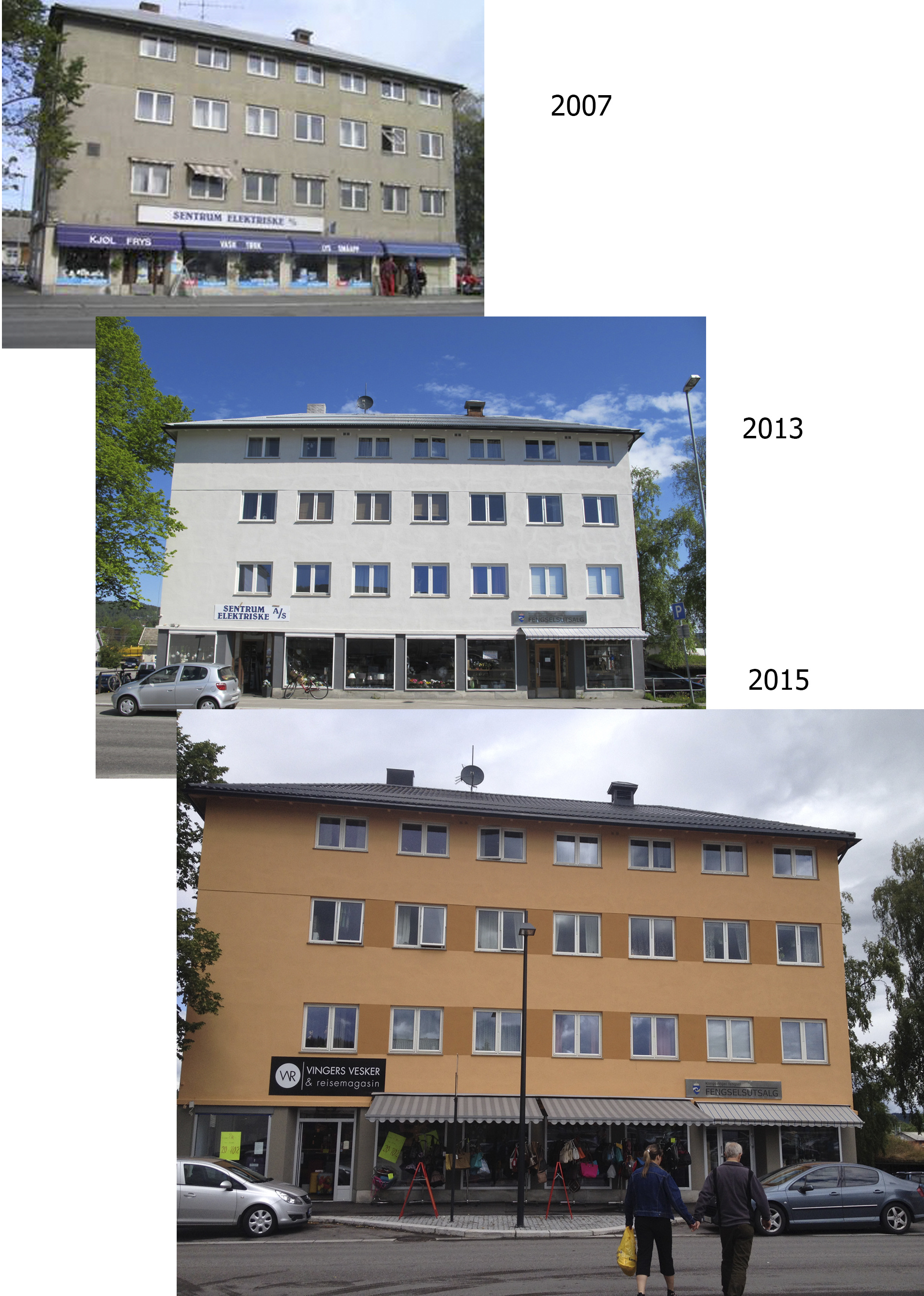 Glommengata i tre utgaver: gr&aring;tt hvitt og gult &ndash; henholdsvis 2007, 2013 og 2016. Fargene har blitt snakkis og det skal mye til for at folk n&aring; maler gr&aring;tt i Konsvinger.