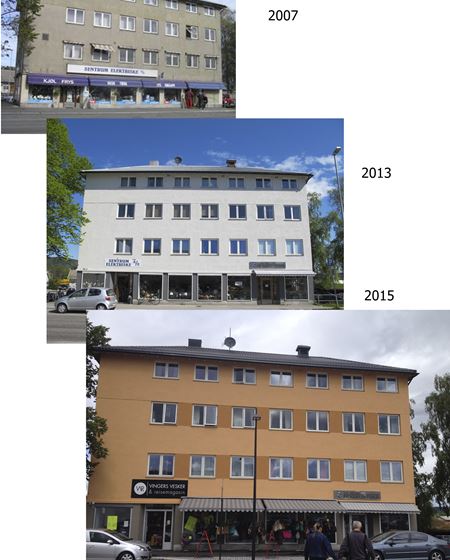 Glommengata i tre utgaver: grått hvitt og gult – henholdsvis 2007, 2013 og 2016. Fargene har blitt snakkis og det skal mye til for at folk nå maler grått i Konsvinger.