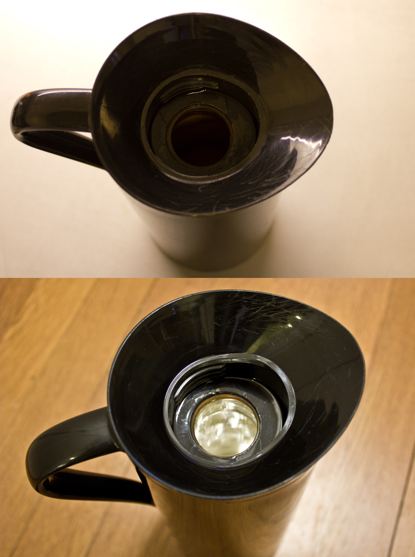 Før og etter rengjøring med krystallsoda - resultatet er en skinnende ren kaffekanne!