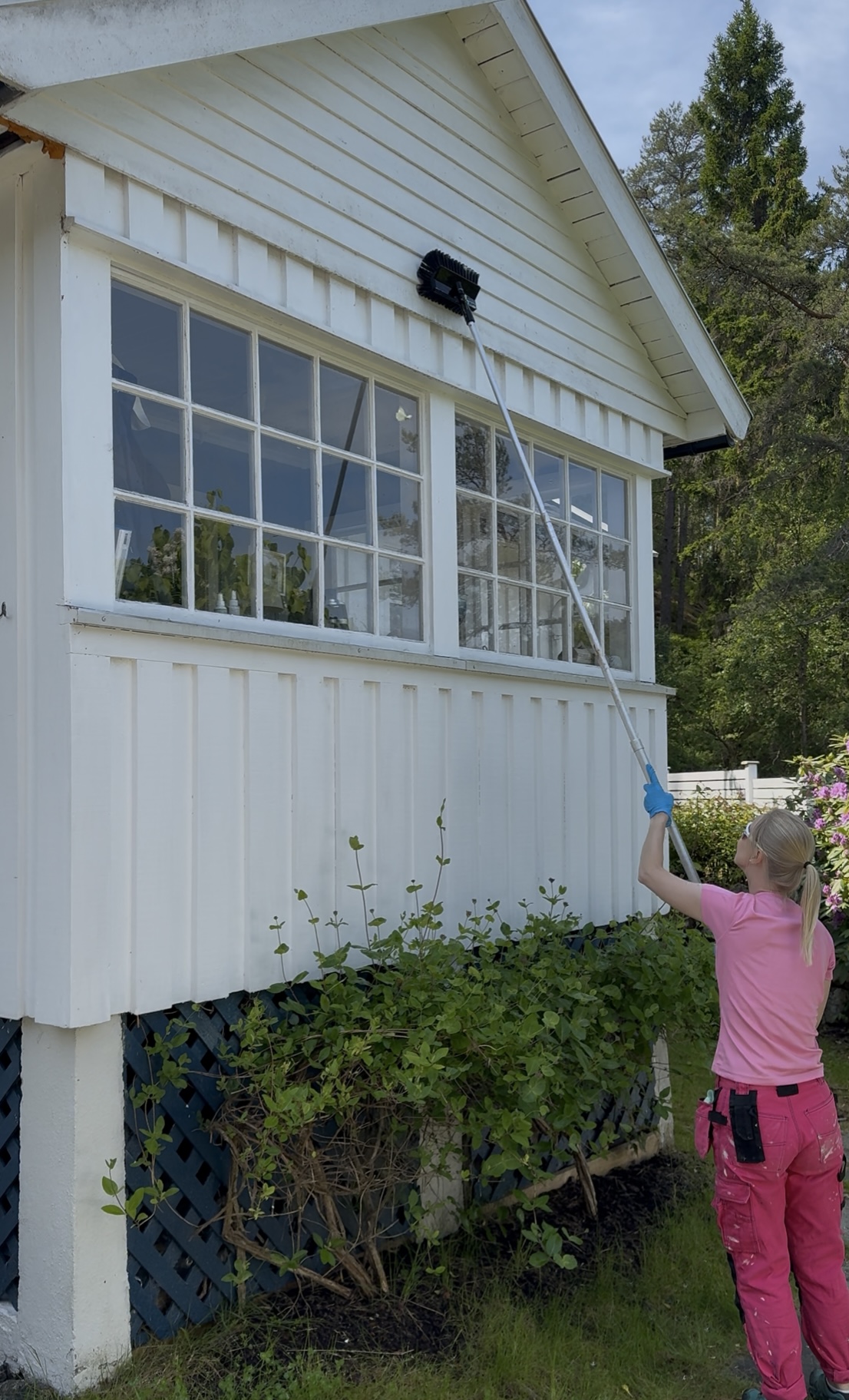 Person står og vasker fasaden med et forlengerskaft.