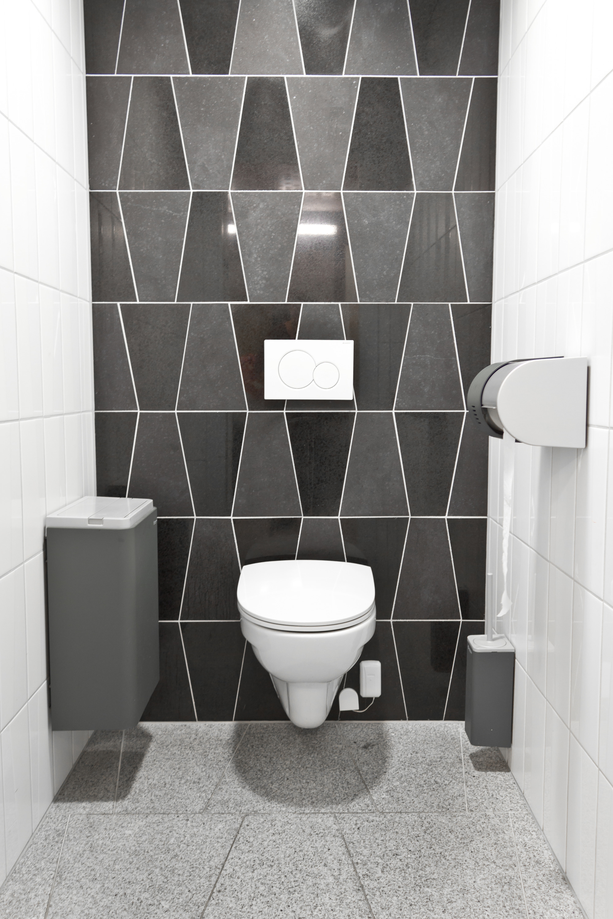 VEGGMONTERT: Toalettene på senteret et utstyrt med Geberits vegghengte klosetter med Duofix Sigmasisterne der sisternene er bygget inn i veggen og betjenes med Sigma 01 hvit betjeningsplate.