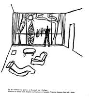 Tegning av Le Corbusier. Med store vindusflater skulle naturen og trærne komme inn i stuen.