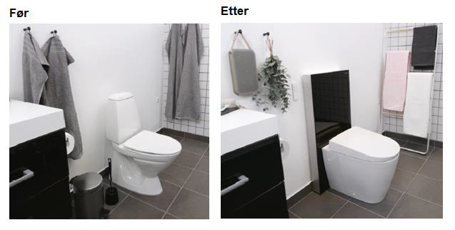 Bytt ut det gamle toalettet med et nytt. Til høyre: AquaClean Sela og Monolith sisternemodul fra Geberit. Løsningen tilbyr luktavsug (fjerner vond lukt på baderommet) og stemningslyst i syv valgfrie fargenyanser.