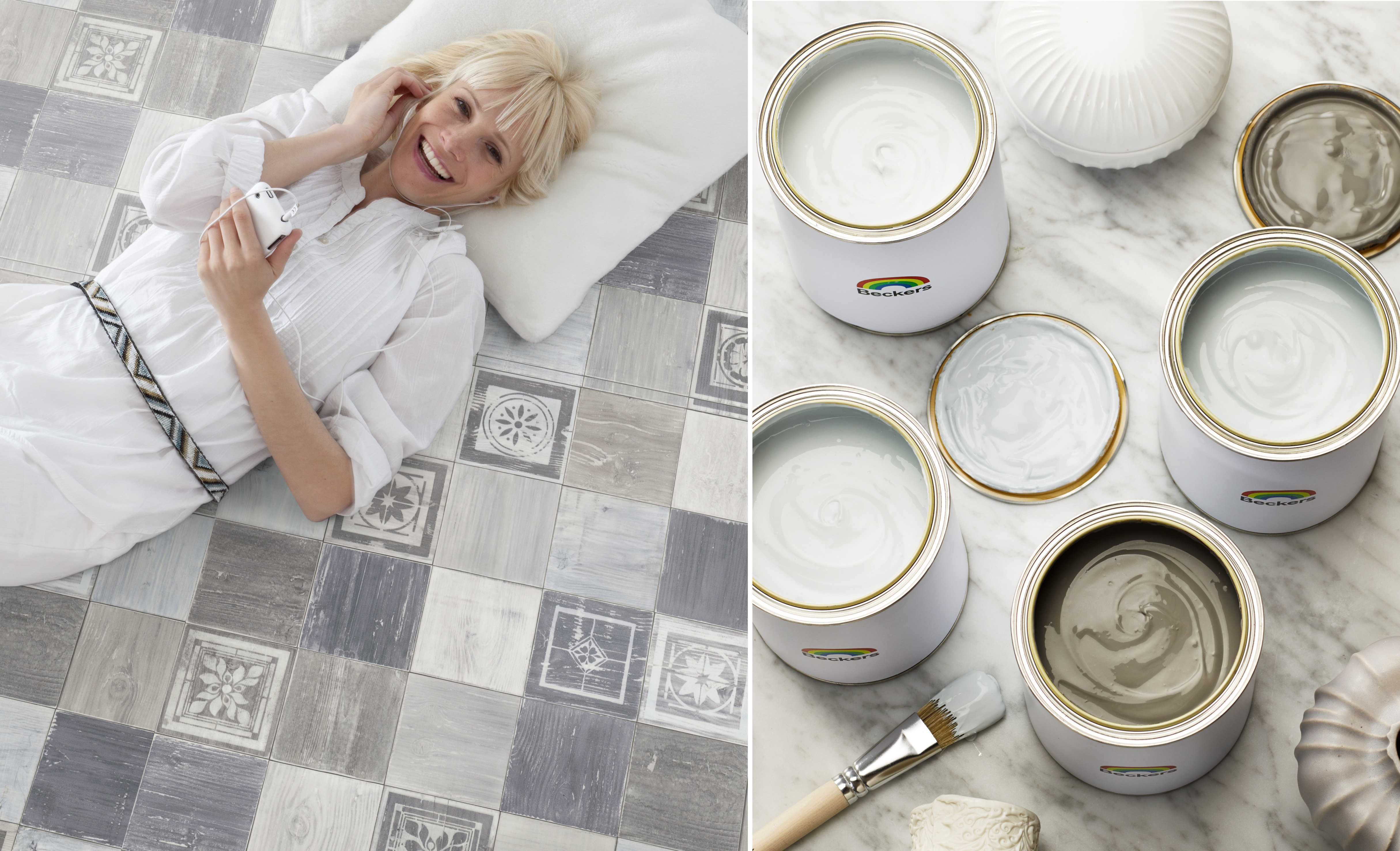 GULV OG VEGG: Med en kombinasjon av våtromsvinyl på gulvet og malte vegger kan man slappe av. Du er trygg på at gulvet er vanntett og har en hel palett å velge farger fra. (Foto: f.v. Gerflor, Beckers)