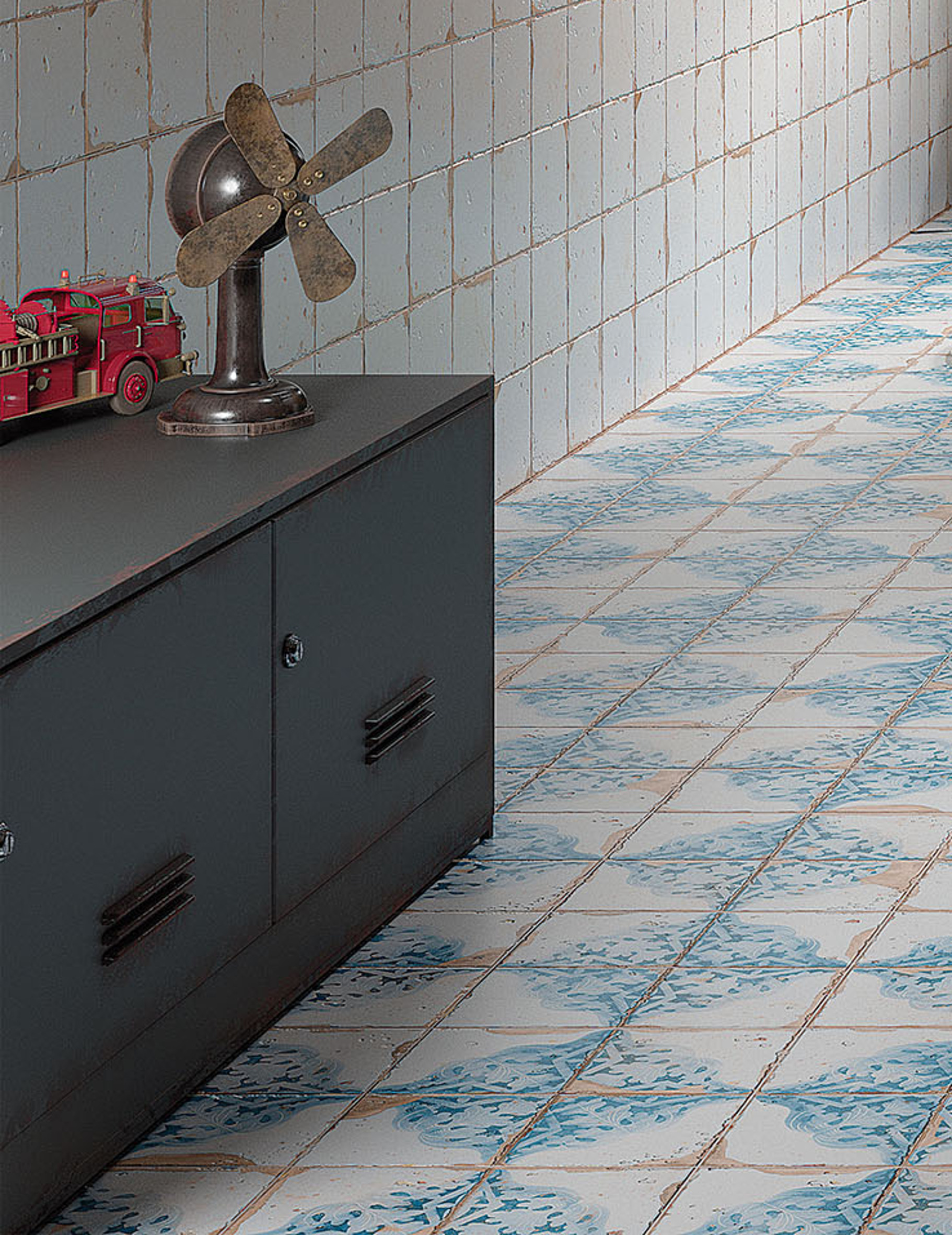 GULVET SOM BLIKKFANG: Her er det gulvflisene som byr på farger og mønster. Blånyanser dominerer, og flisene har «slitte» hjørner som gir et røft utseende. Det øvrige interiøret er tonet ned i fargene. Gulvet spiller førstefiolin. (Foto: Golvabia)