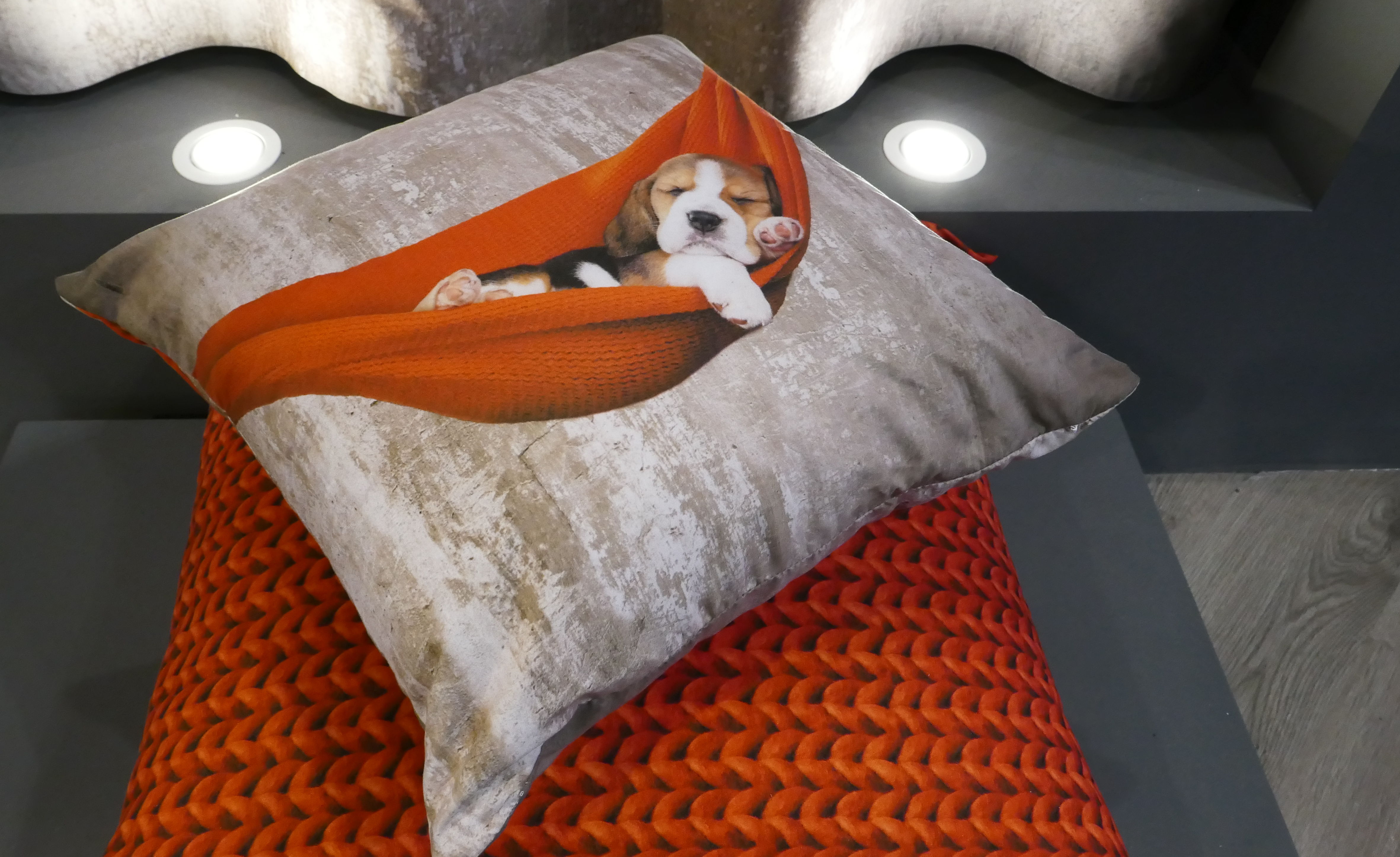 BLIKKFANG: Motivet på puten fanget messetravere med slitne bein. (Foto: Bjørg Owren/ifi.no)