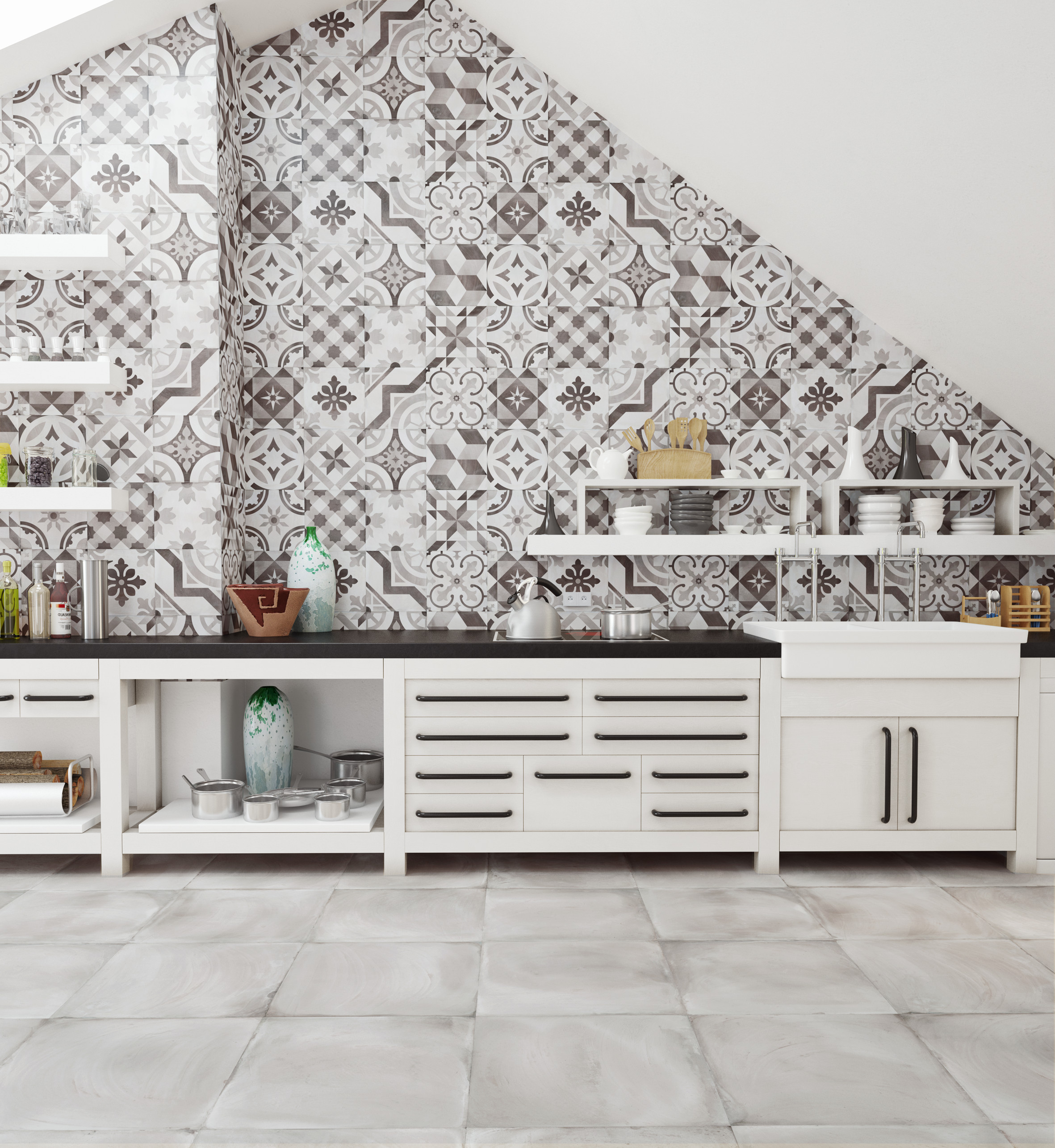 Bind rommet sammen ved å trekke flisene ut over en hel vegg.