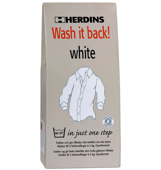Herdins Wash it back! white fra Krefting vasker og bleker tekstil - både skjorter, sengetøy og juleduker.