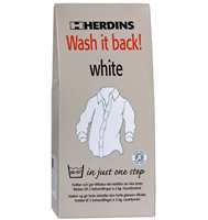 Herdins Wash it back! white fra Krefting vasker og bleker tekstil - både skjorter, sengetøy og juleduker.