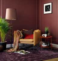 JORDFARGER: Varme jordfarger er populære i både hjemmeinnredning og hotellinteriør. Teppe og vegger i tilnærmet like farger skaper en rolig atmosfære. Veggene er malt med fargen Impulsiv 864 fra Beckers.