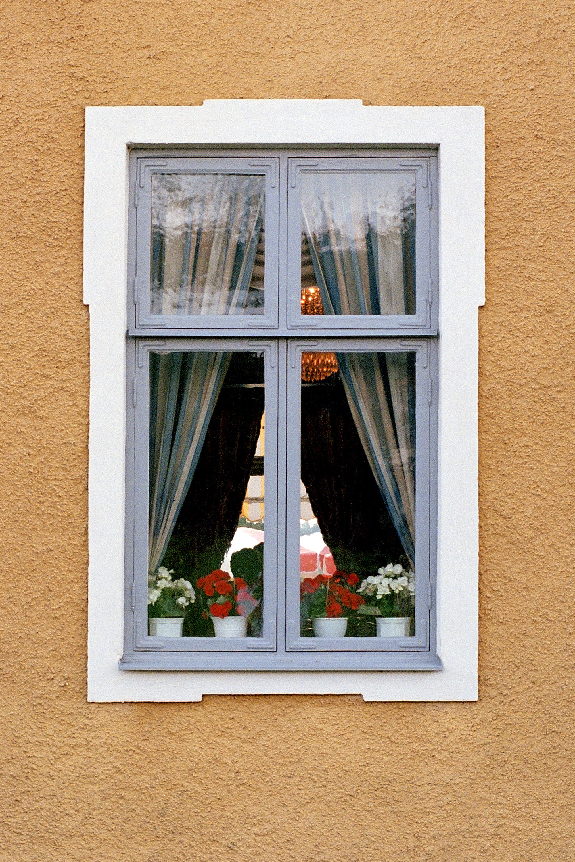 mørk fersken vegger, vindu med hvite lister og gråblå sprosser