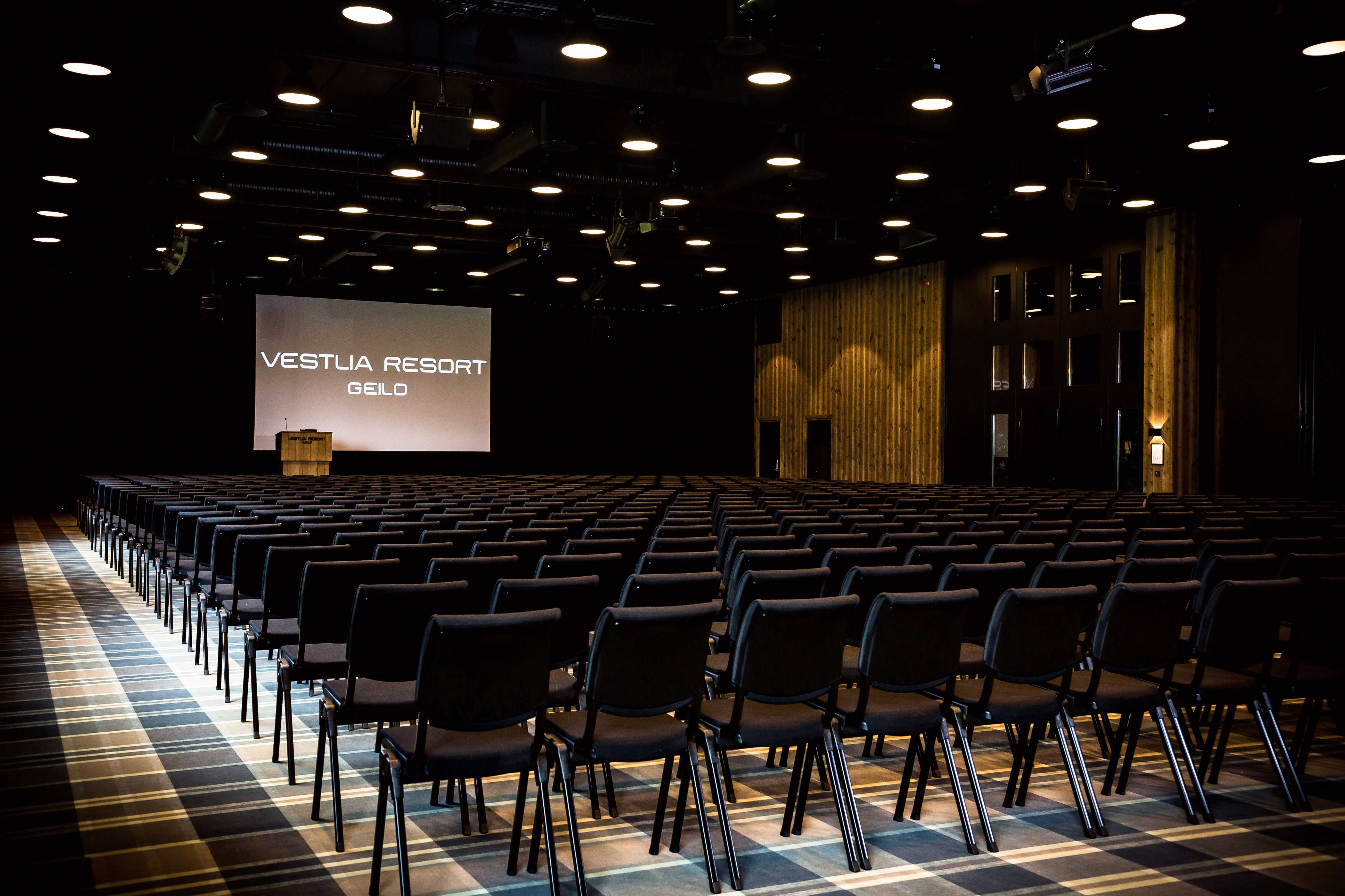 RUTER PÅ GULVET: Mønsteret i det tekstile gulvet er tegnet spesielt for denne salen. Farger og ruter har en klar link til resten av bygget.