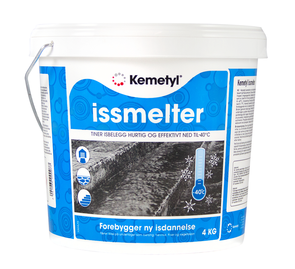 SMELTEDIGEL: Kemetyl Issmelter tiner isbelegg ned til -40. Str&oslash; et lag og la det virke i 20 minutter. N&aring;r issmelteren treffer isen, avgir den varme og trekker til seg fuktighet. N&aring;r virketiden er over, skrap rent og kost vekk smeltevann snarest.