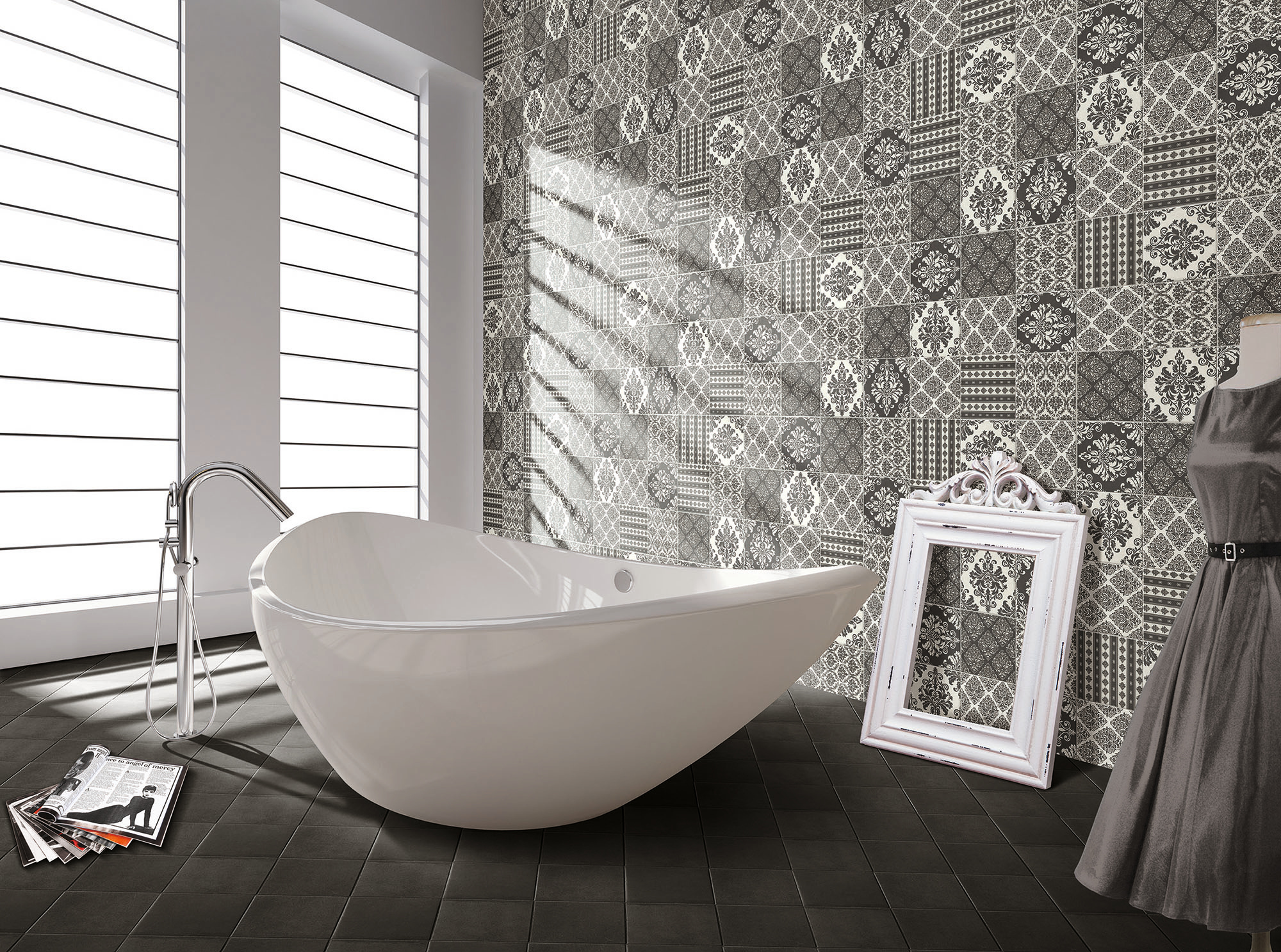 Keramiske fortolkninger av de originale sementflisene er godt egnet i alle husets rom – også badet. Her er det brukt fliser fra Höganäs’ kolleksjon Roma.