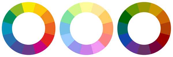 Ittens fargehjul i tre varianter: rene farger, pastellfarger og jordfarger