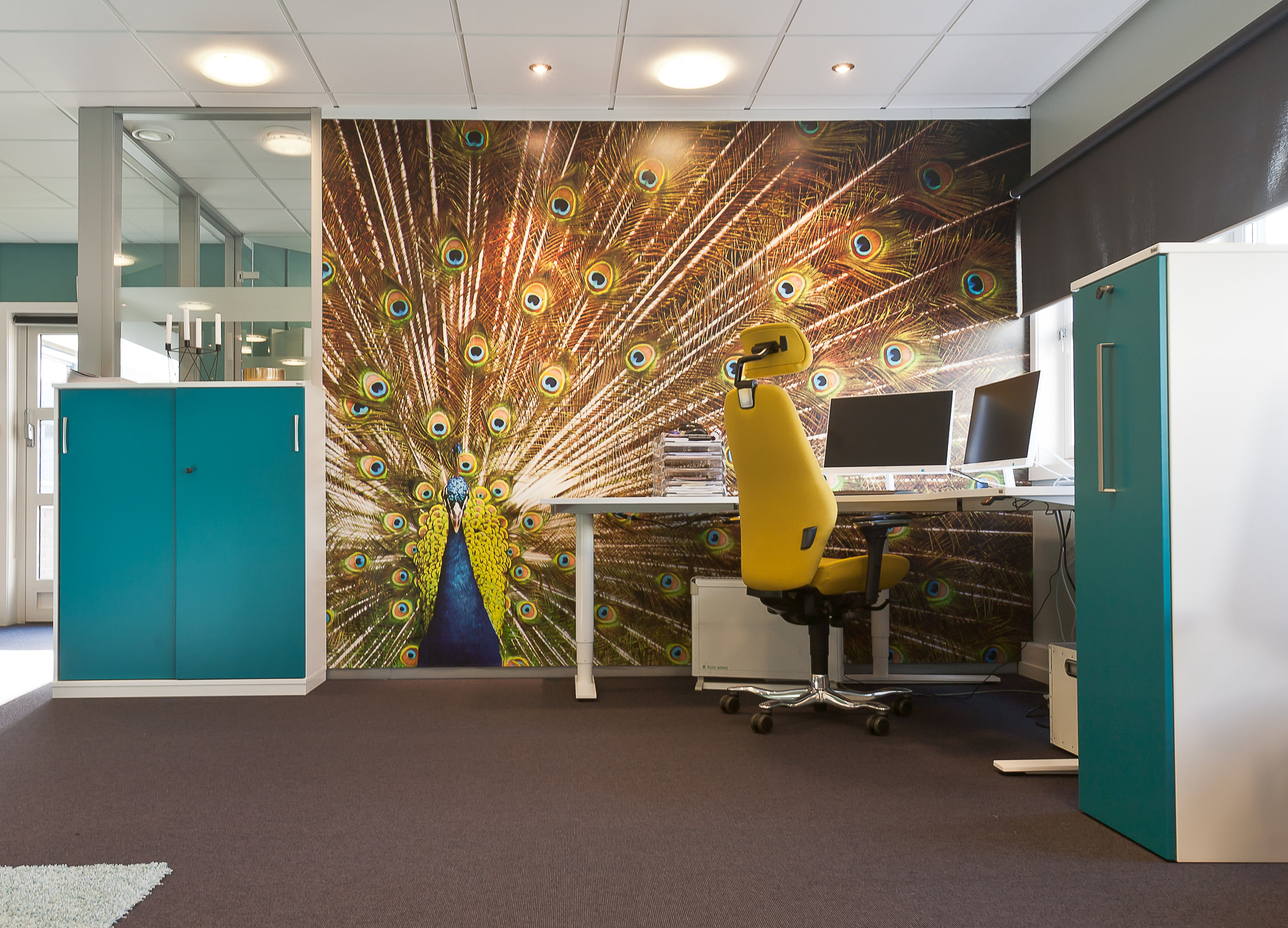 Kun én av de ansatte har fast plass, og det er support som sitter innerst i den aktive entrésonen, der det er et fototapet med en staselig påfugl.