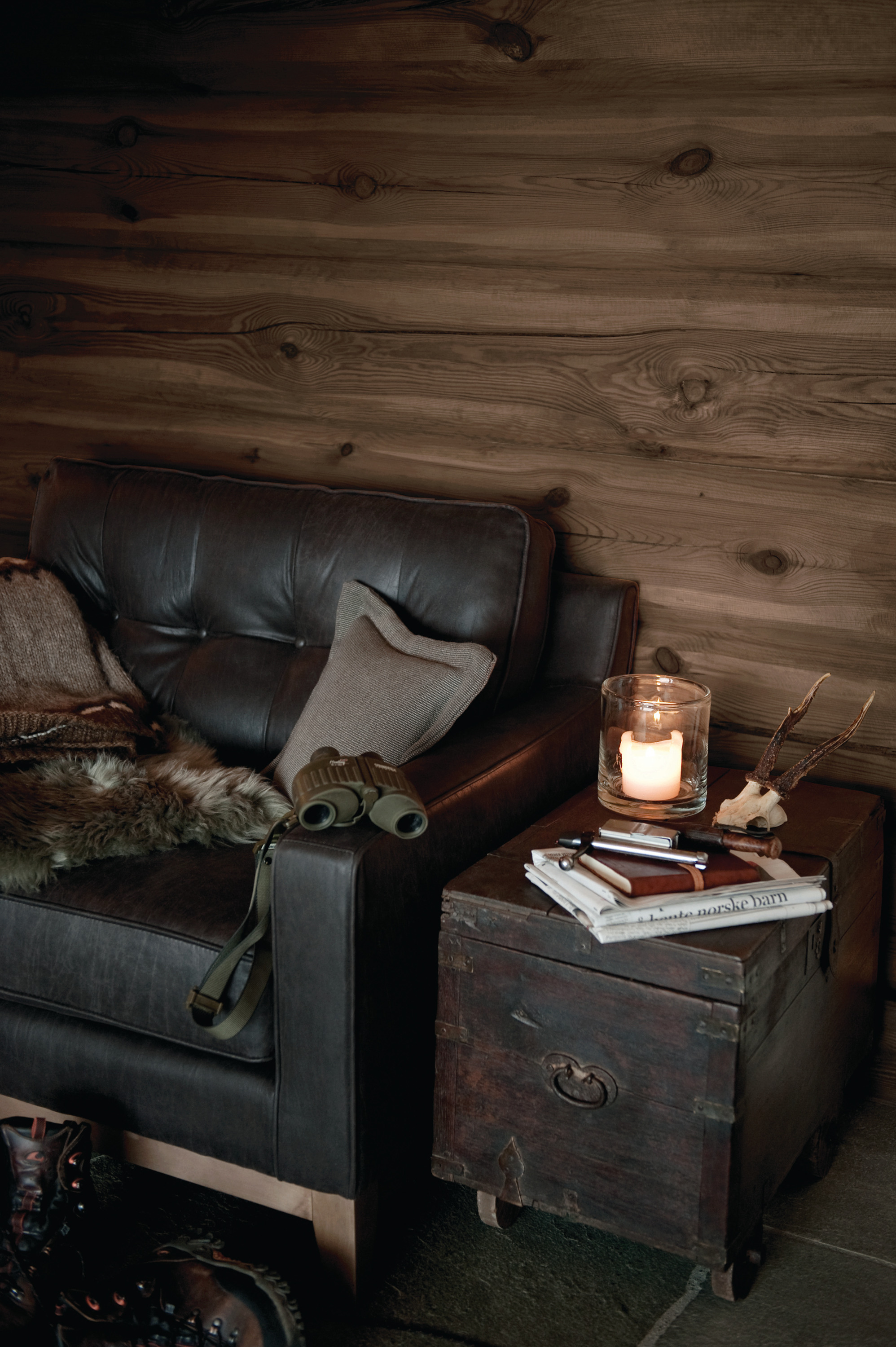 KONGLE:Interiørbeis kan brukes på panel og tømmer. Her er fargen Tyrilin Interiørbeis brukt i farge 21 Kongle, og tømmeret er etterbehandlet med interiørvoks. (Foto: Johan Wildhagen Palookaville/Tyrilin)