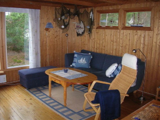 Alt treverk var gyllengult med mye kvist, og rommet virket mørkt til tross for alle vinduene. 