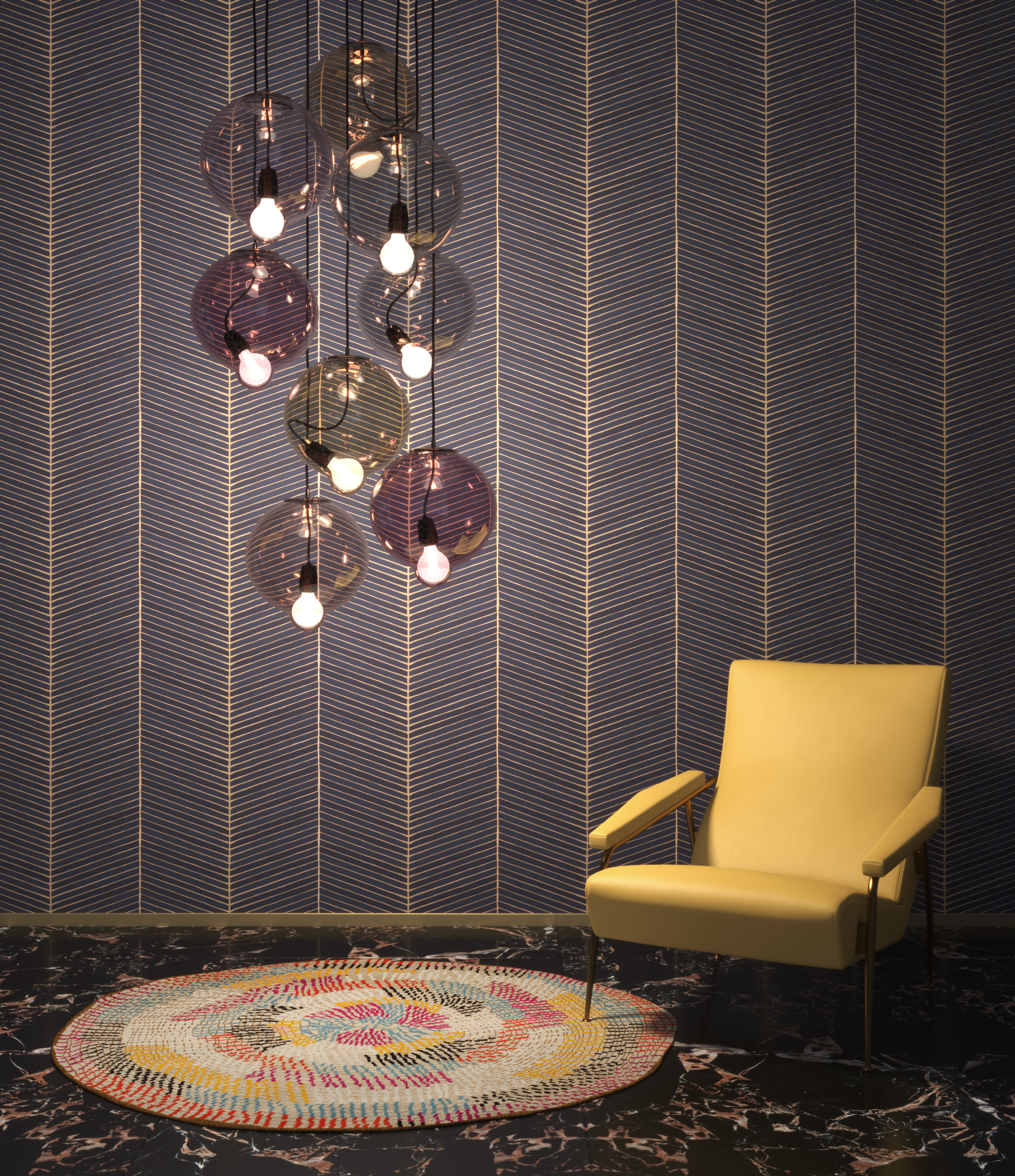 Lilla og gult interiør