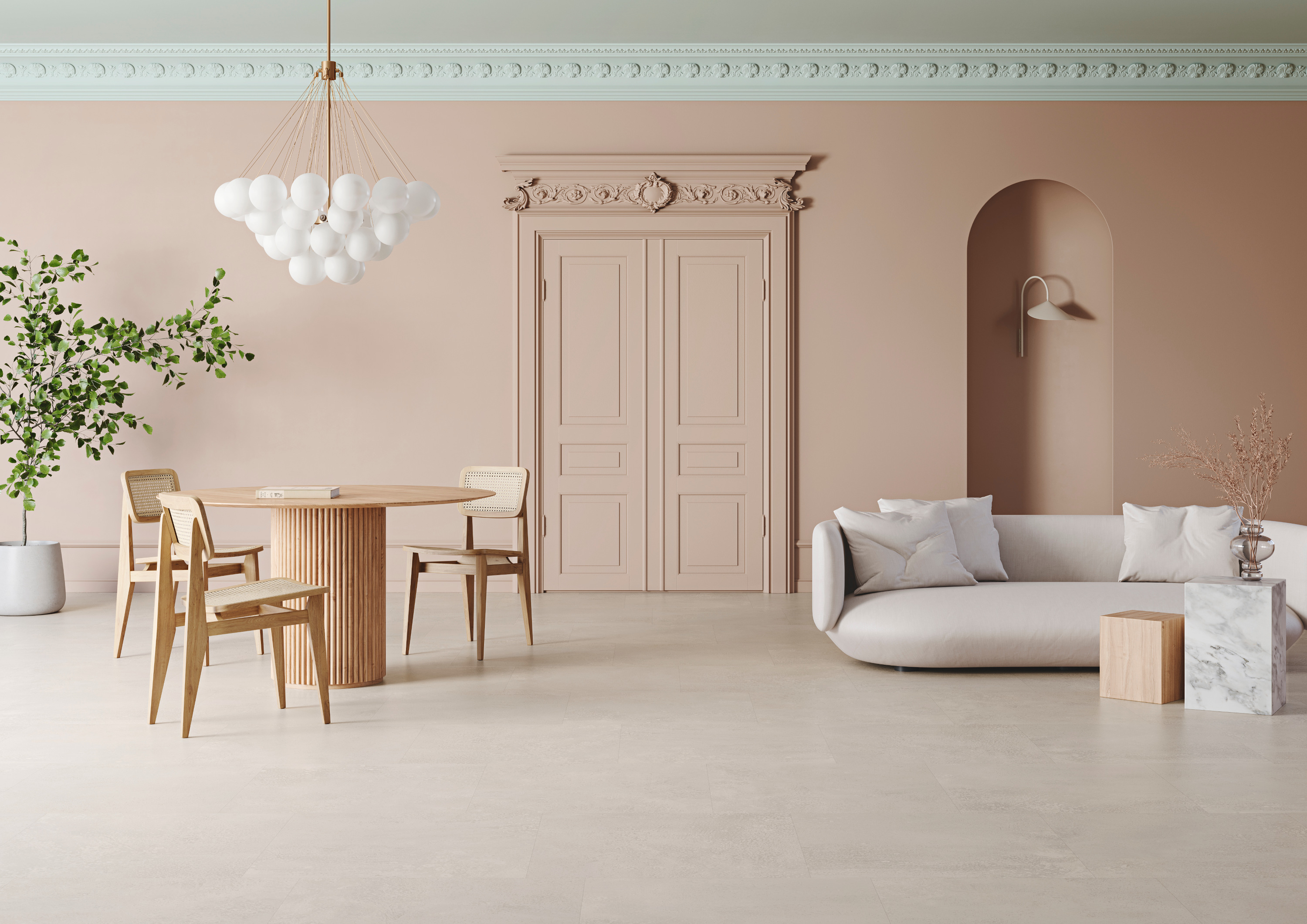 Rosa vegger blått tak rom