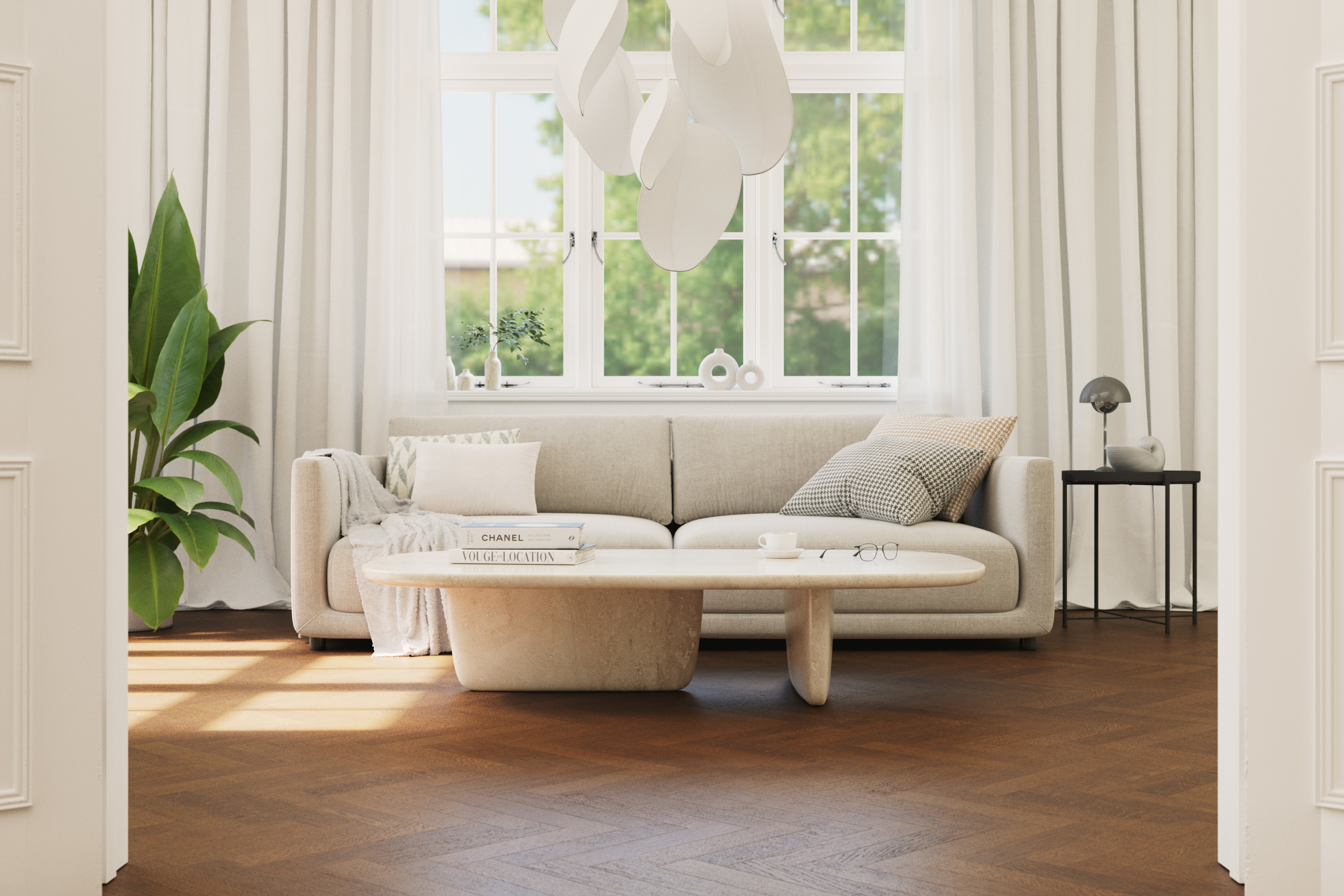 gulv stue hvitt sofa